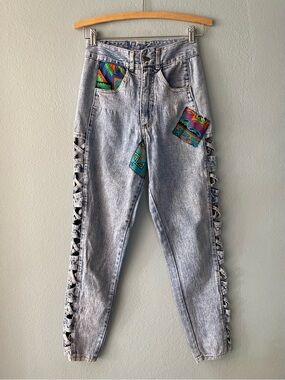 🌱5/$25🌱 Watch LA | Vtg 80s 90s Curvy Acid-Washed Patchwork Cut-Out Skinny Jeans